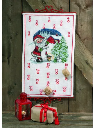 Permin Broderikit Julkalender - Jultomte och Kaniner 38 x 62 cm